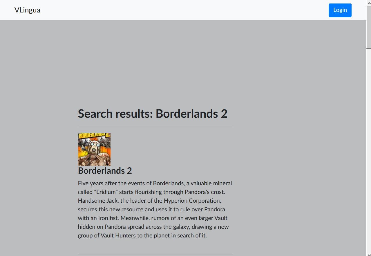 VLingua web search results page showing Borderlands 2 as search example